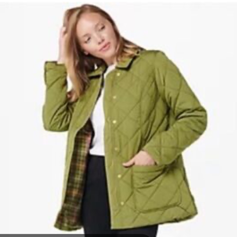 Isaac Mizrahi Live Olive Green Puffer Reversible Quilted Zip Snap Barn Jacket XS